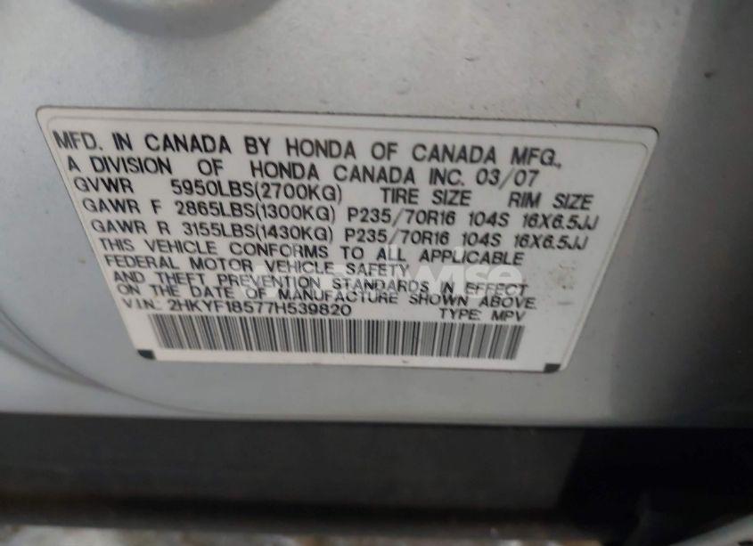 Photo 9 of 2007 Honda Pilot EX-L (VIN 2HKYF18577H539820)