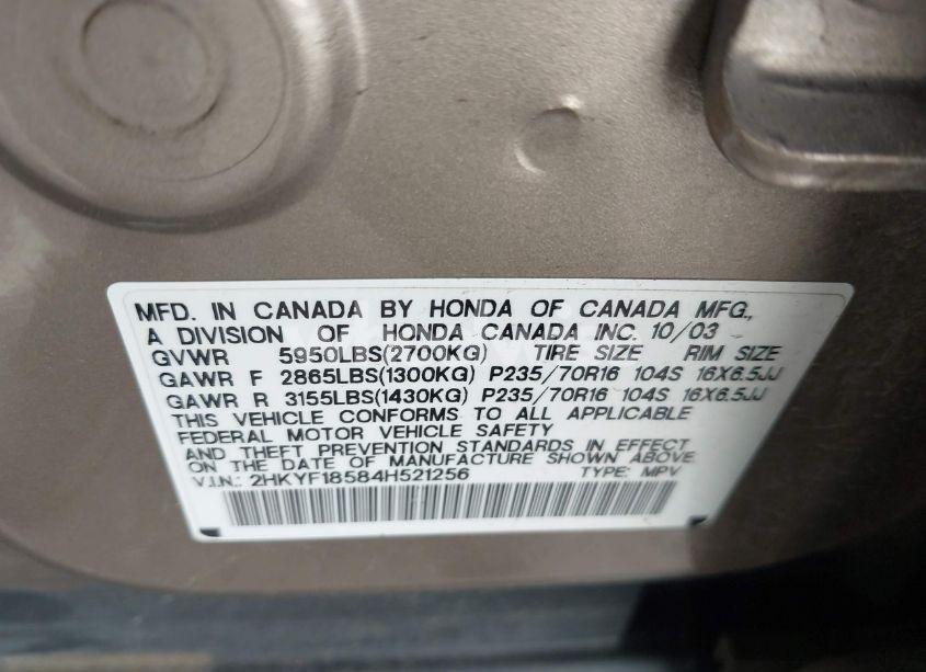 Photo 9 of 2004 Honda Pilot EX-L (VIN 2HKYF18584H521256)