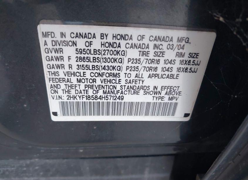 Photo 9 of 2004 Honda Pilot EX-L (VIN 2HKYF18584H571249)