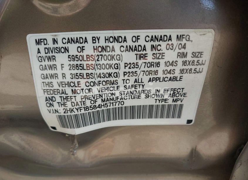 Photo 9 of 2004 Honda Pilot EX-L (VIN 2HKYF18584H571770)