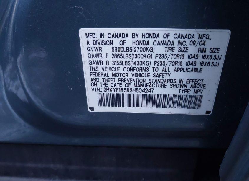 Photo 9 of 2005 Honda Pilot EX-L (VIN 2HKYF18585H504247)