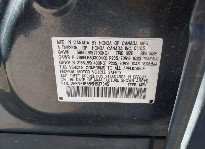 Photo 9 of 2005 Honda Pilot EX-L (VIN 2HKYF18585H537345)