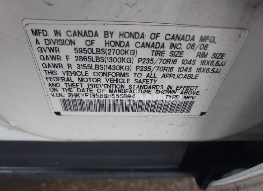 Photo 9 of 2006 Honda Pilot EX-L (VIN 2HKYF18586H555894)