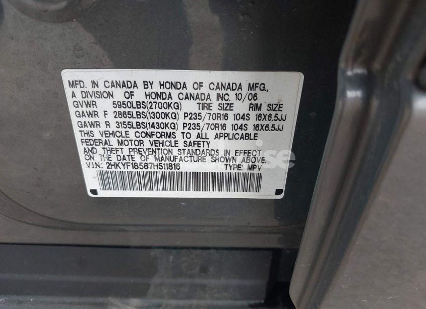 Photo 9 of 2007 Honda Pilot EX-L (VIN 2HKYF18587H511816)