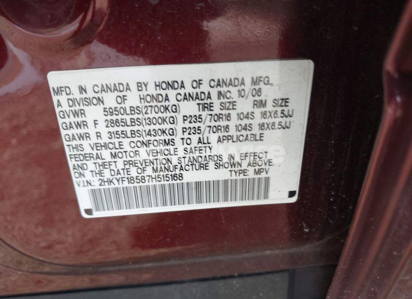 Photo 9 of 2007 Honda Pilot EX-L (VIN 2HKYF18587H515168)