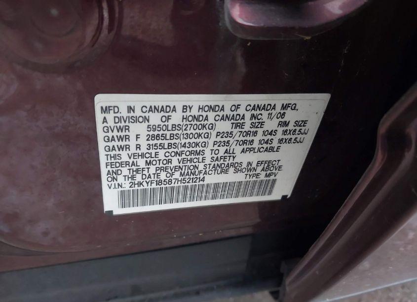 Photo 9 of 2007 Honda Pilot EX-L (VIN 2HKYF18587H521214)