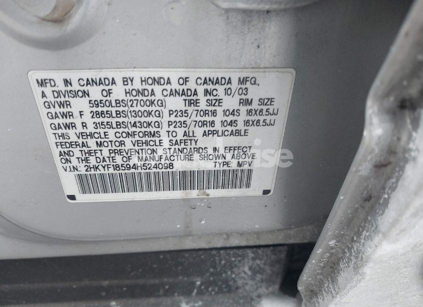 Photo 9 of 2004 Honda Pilot EX-L (VIN 2HKYF18594H524098)