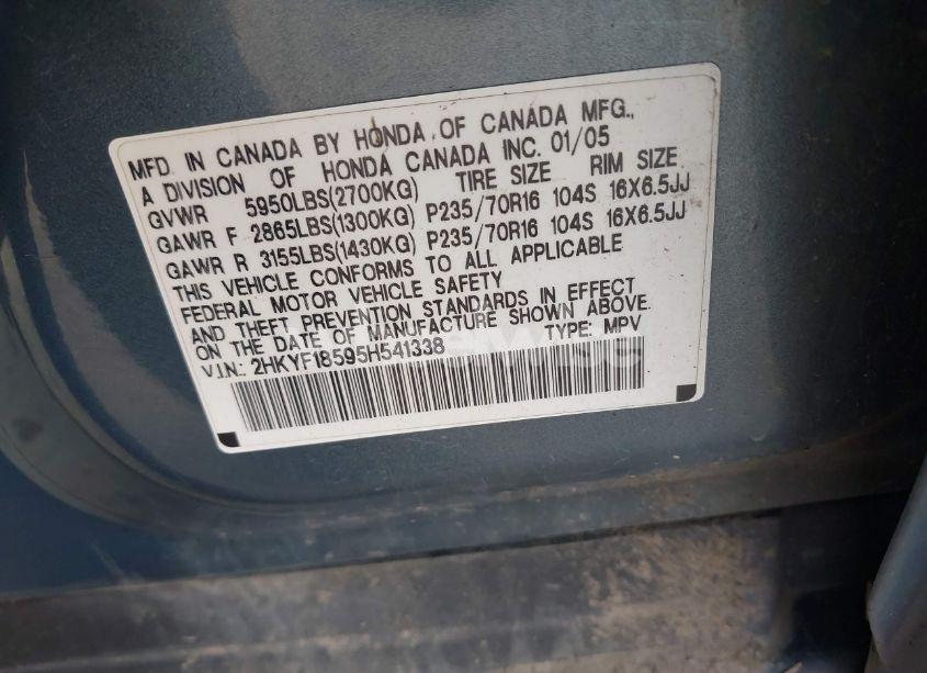 Photo 9 of 2005 Honda Pilot EX-L (VIN 2HKYF18595H541338)