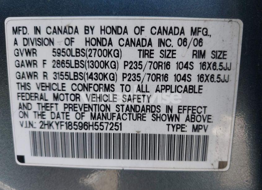 Photo 9 of 2006 Honda Pilot EX-L (VIN 2HKYF18596H557251)