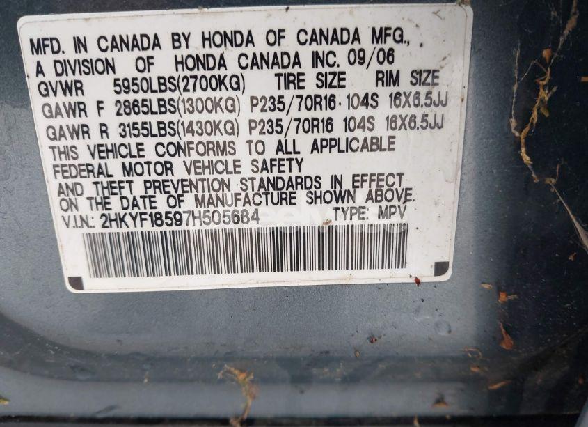 Photo 9 of 2007 Honda Pilot EX-L (VIN 2HKYF18597H505684)