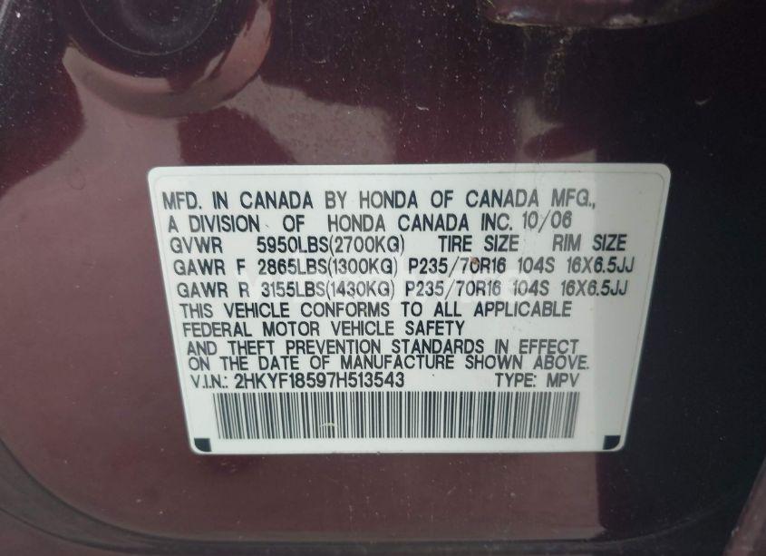 Photo 9 of 2007 Honda Pilot EX-L (VIN 2HKYF18597H513543)