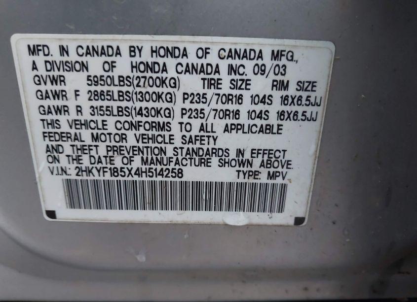 Photo 9 of 2004 Honda Pilot EX-L (VIN 2HKYF185X4H514258)