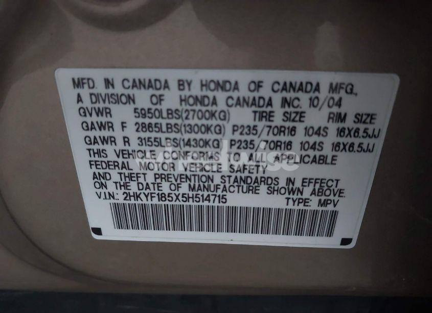 Photo 9 of 2005 Honda Pilot EX-L (VIN 2HKYF185X5H514715)