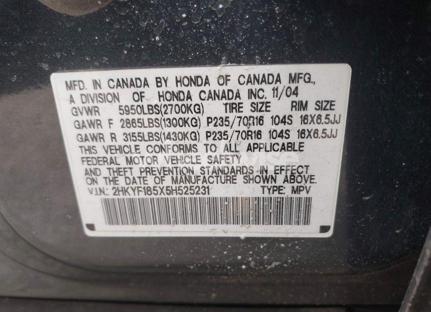 Photo 9 of 2005 Honda Pilot EX-L (VIN 2HKYF185X5H525231)