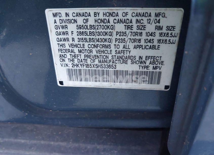 Photo 9 of 2005 Honda Pilot EX-L (VIN 2HKYF185X5H533653)