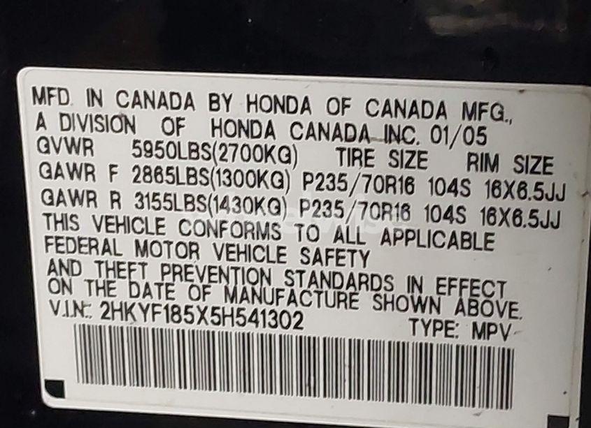 Photo 9 of 2005 Honda Pilot EX-L (VIN 2HKYF185X5H541302)