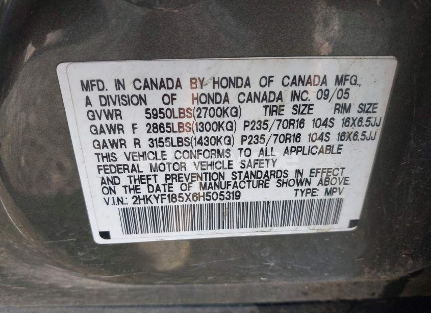 Photo 9 of 2006 Honda Pilot EX-L (VIN 2HKYF185X6H505319)