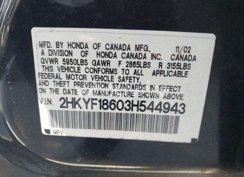 Photo 9 of 2003 Honda Pilot EX-L (VIN 2HKYF18603H544943)