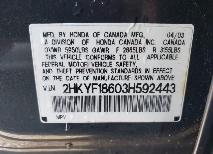 Photo 9 of 2003 Honda Pilot EX-L (VIN 2HKYF18603H592443)
