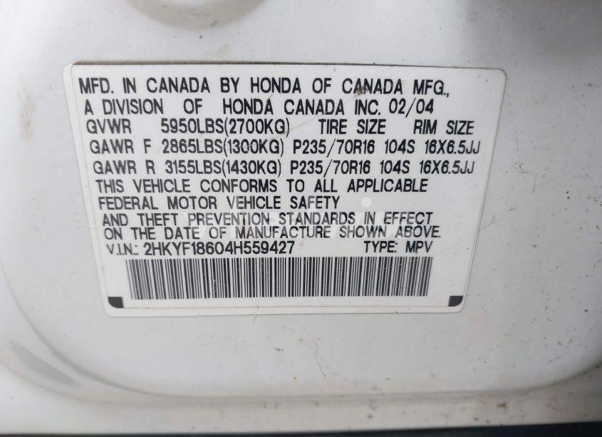 Photo 9 of 2004 Honda Pilot EX-L (VIN 2HKYF18604H559427)