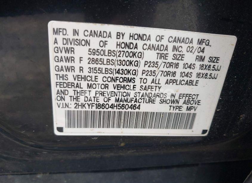 Photo 9 of 2004 Honda Pilot EX-L (VIN 2HKYF18604H560464)