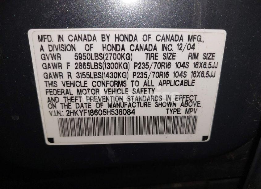 Photo 9 of 2005 Honda Pilot EX-L (VIN 2HKYF18605H536084)