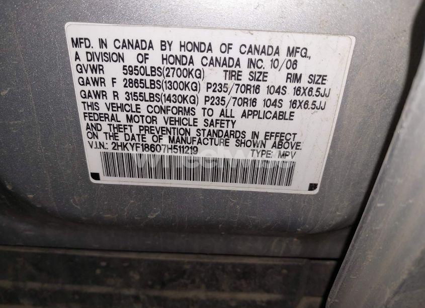 Photo 9 of 2007 Honda Pilot EX-L (VIN 2HKYF18607H511219)