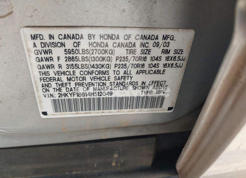 Photo 9 of 2004 Honda Pilot EX-L (VIN 2HKYF18614H512049)