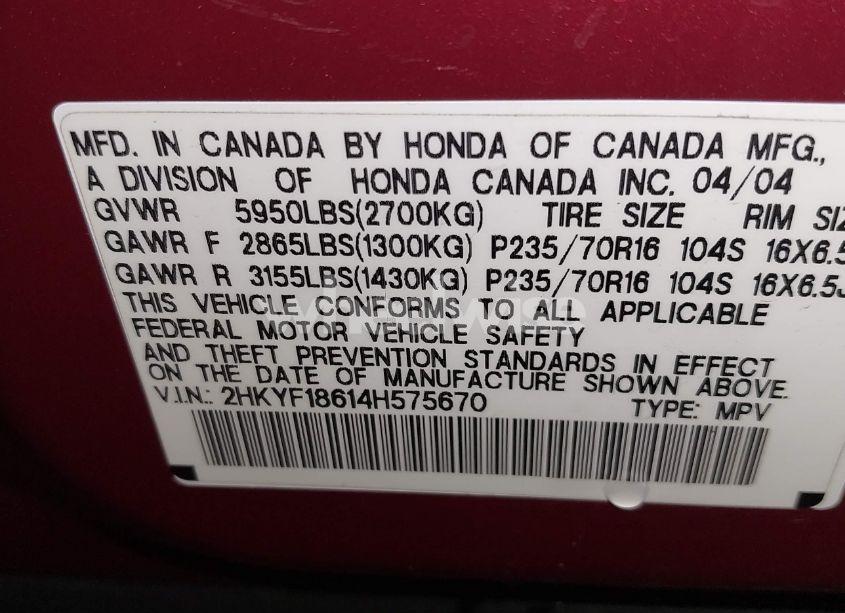 Photo 9 of 2004 Honda Pilot EX-L (VIN 2HKYF18614H575670)