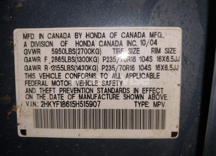 Photo 9 of 2005 Honda Pilot EX-L (VIN 2HKYF18615H515907)