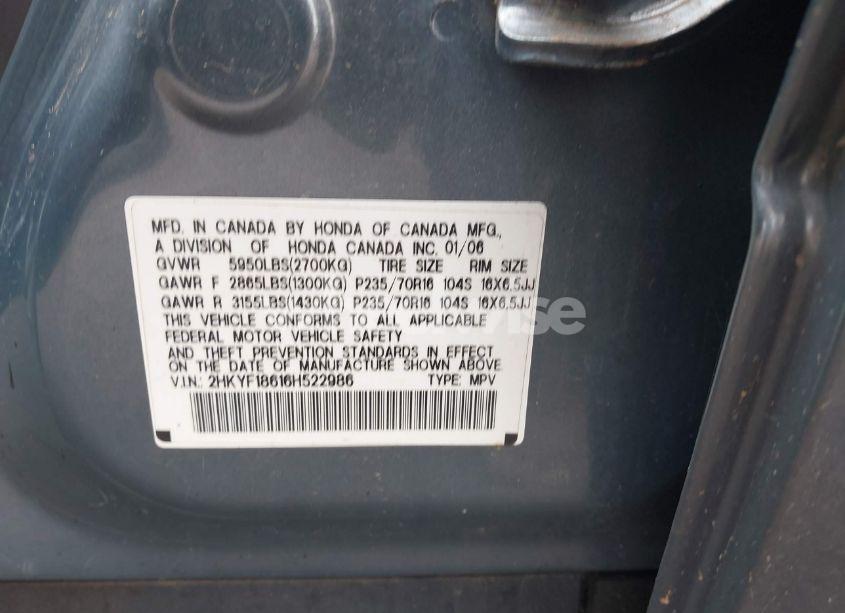 Photo 9 of 2006 Honda Pilot EX-L (VIN 2HKYF18616H522986)