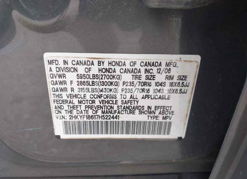 Photo 9 of 2007 Honda Pilot EX-L (VIN 2HKYF18617H522441)