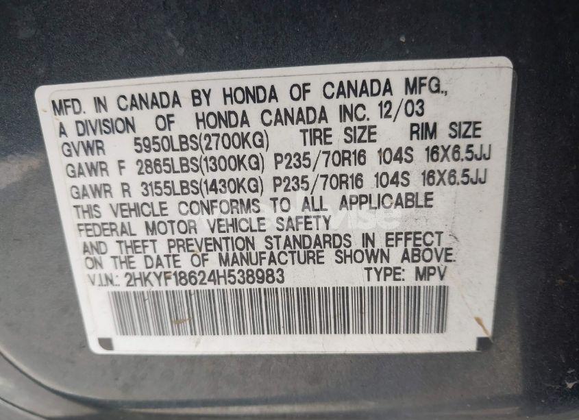 Photo 9 of 2004 Honda Pilot EX-L (VIN 2HKYF18624H538983)