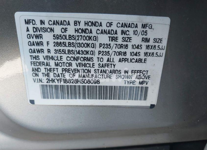 Photo 9 of 2006 Honda Pilot EX-L (VIN 2HKYF18626H506098)