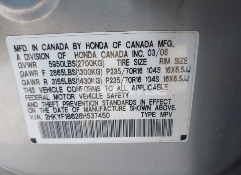 Photo 9 of 2006 Honda Pilot EX-L (VIN 2HKYF18626H537450)