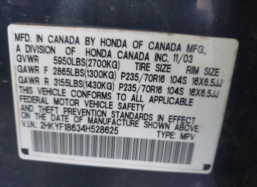 Photo 9 of 2004 Honda Pilot EX-L (VIN 2HKYF18634H528625)