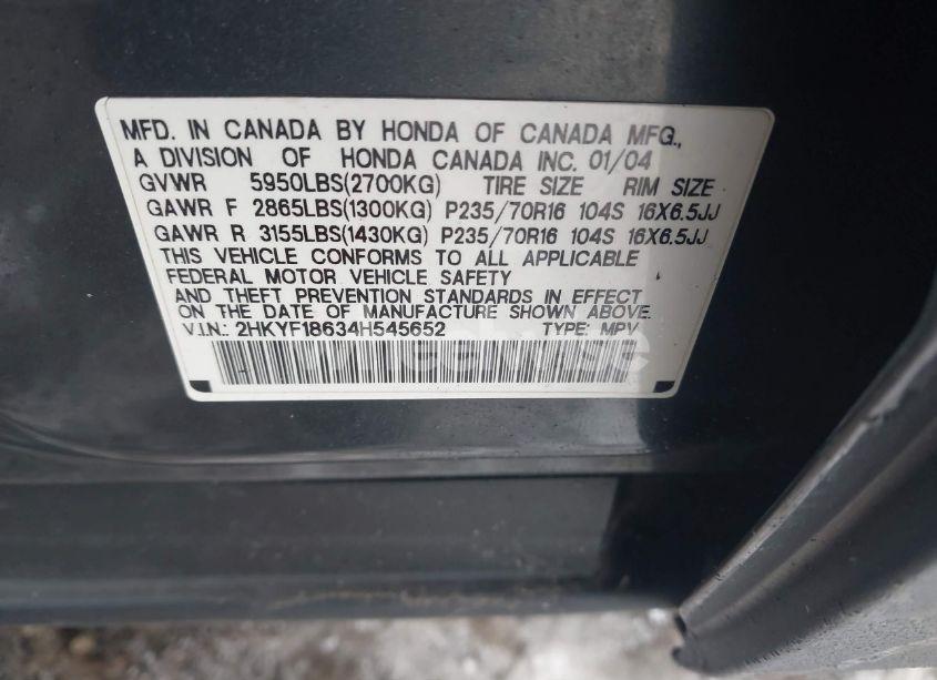 Photo 9 of 2004 Honda Pilot EX-L (VIN 2HKYF18634H545652)