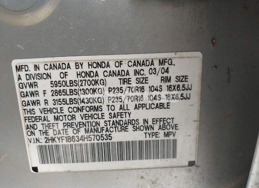 Photo 9 of 2004 Honda Pilot EX-L (VIN 2HKYF18634H570535)