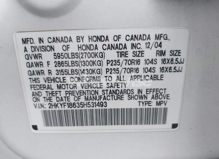 Photo 9 of 2005 Honda Pilot EX-L (VIN 2HKYF18635H531493)