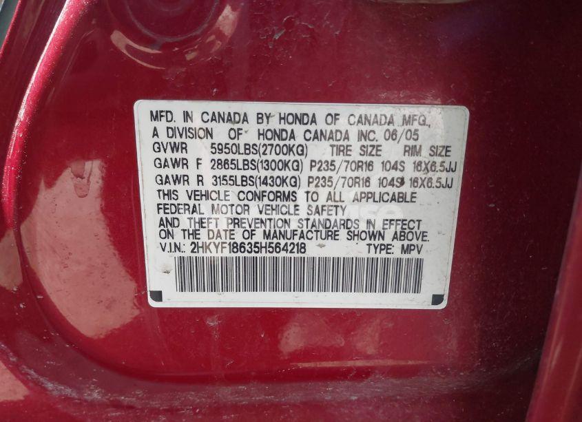 Photo 9 of 2005 Honda Pilot EX-L (VIN 2HKYF18635H564218)