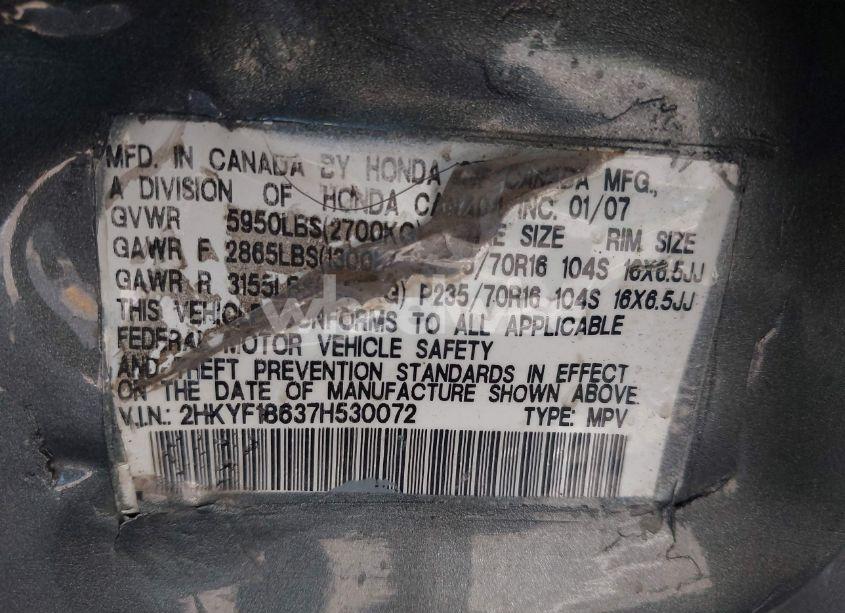 Photo 9 of 2007 Honda Pilot EX-L (VIN 2HKYF18637H530072)