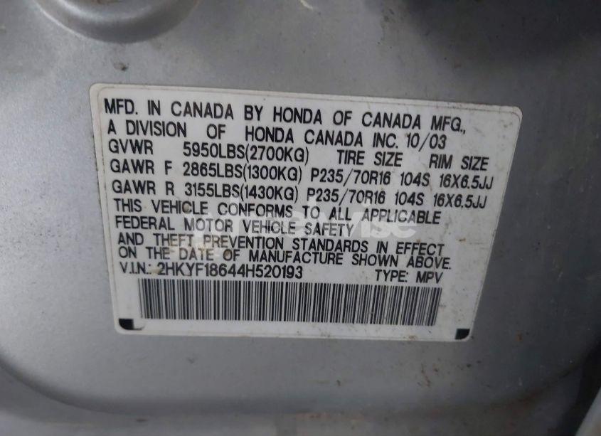 Photo 9 of 2004 Honda Pilot EX-L (VIN 2HKYF18644H520193)