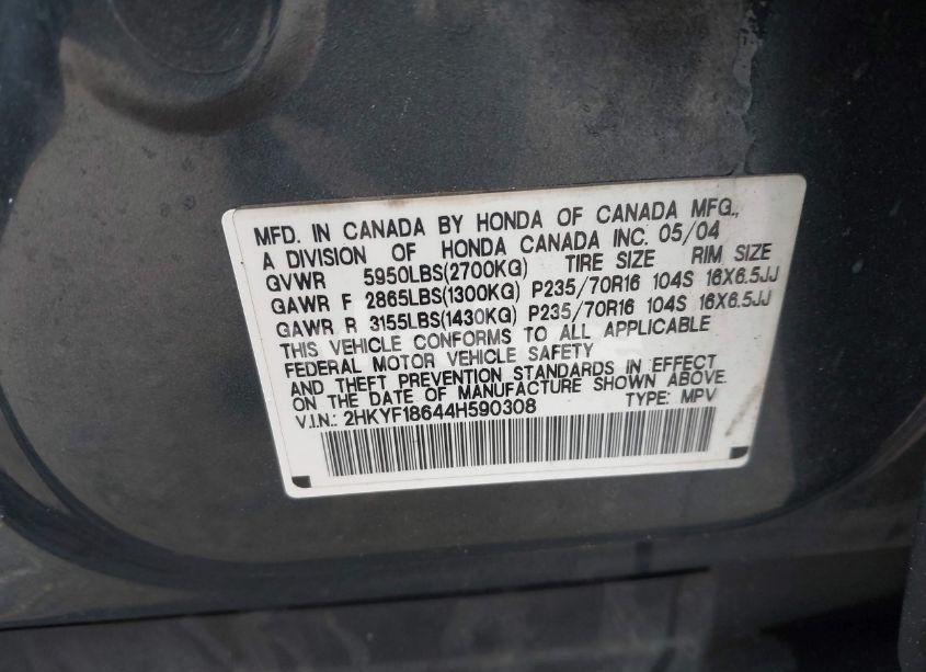 Photo 9 of 2004 Honda Pilot EX-L (VIN 2HKYF18644H590308)