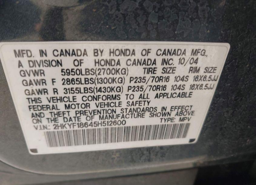 Photo 9 of 2005 Honda Pilot EX-L (VIN 2HKYF18645H512600)