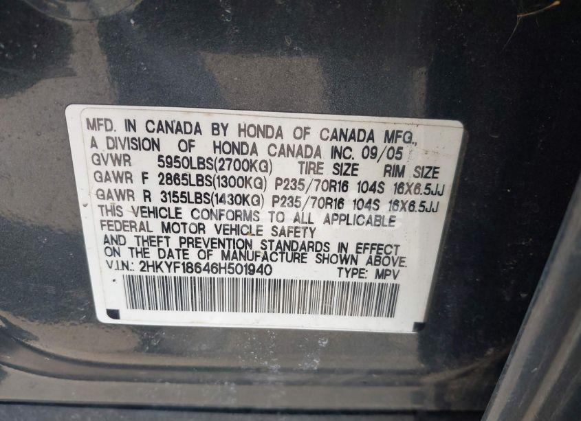 Photo 9 of 2006 Honda Pilot EX-L (VIN 2HKYF18646H501940)