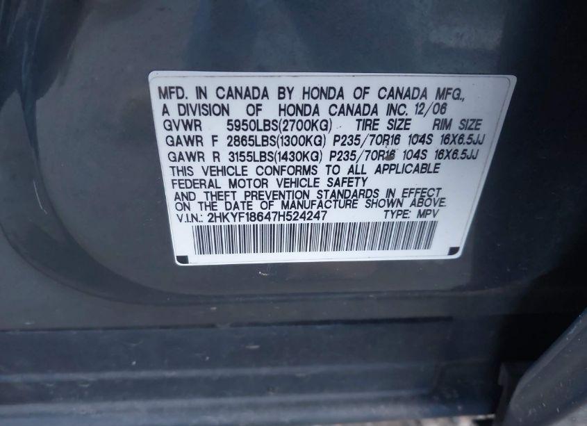 Photo 9 of 2007 Honda Pilot EX-L (VIN 2HKYF18647H524247)