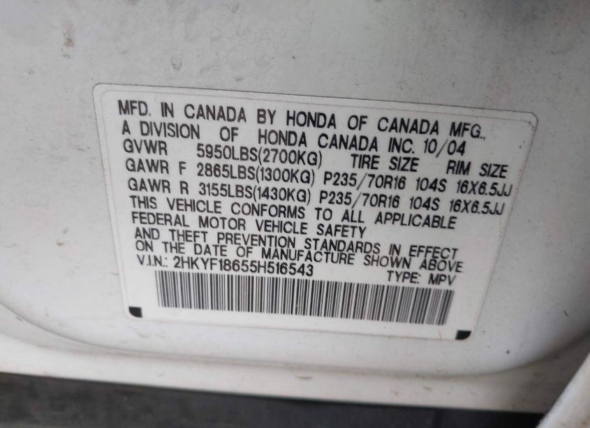 Photo 9 of 2005 Honda Pilot EX-L (VIN 2HKYF18655H516543)