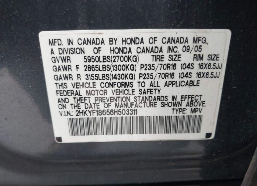 Photo 9 of 2006 Honda Pilot EX-L (VIN 2HKYF18656H503311)