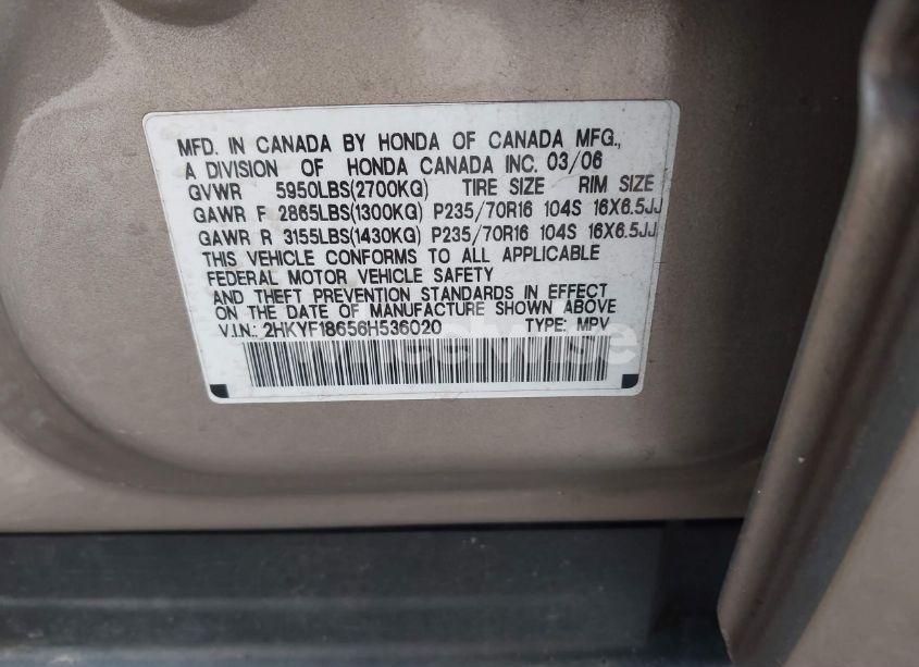 Photo 9 of 2006 Honda Pilot EX-L (VIN 2HKYF18656H536020)