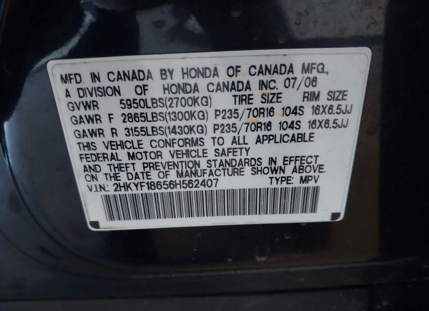 Photo 9 of 2006 Honda Pilot EX-L (VIN 2HKYF18656H562407)